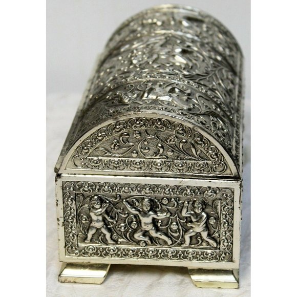 Vtg Silver Metal 3D Trinket Jewelry Box Cherubs Flower Dome Lid French Regency - Picture 4 of 10